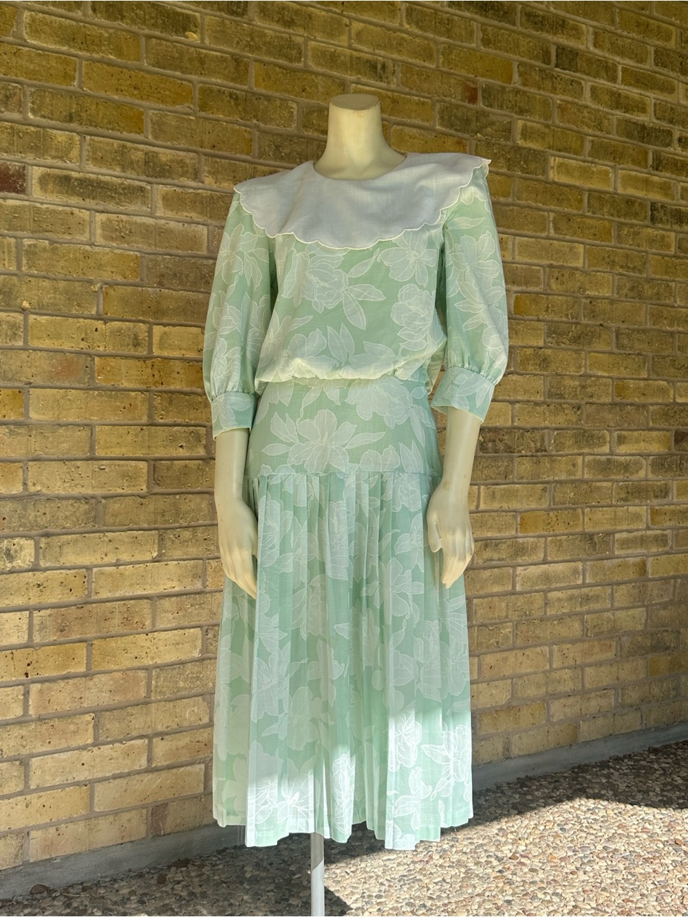 VTG Mint Green Floral Drop Waist Midi Dress Pleated Scallop Collar - Size 5/6
